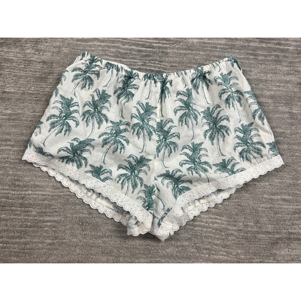 Joyspun Pajama Shorts Women M White Green Palm Tree Print Lace Trim JS3636023115